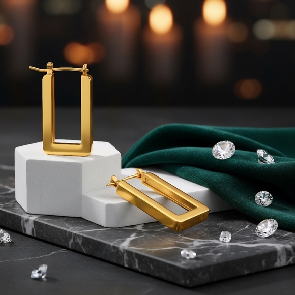 🆕️Dainty Gold Rectangle Drop Earrings - 18K Plated 316L Minimalist Chic 💫 - Picture 4 of 12